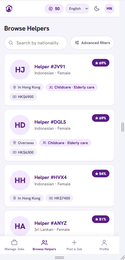 The Browse Helpers screen in the HelperConnect app, showing masked profiles with AI match scores