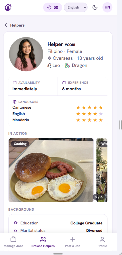 A helper's full profile in the HelperConnect app, with photo, languages, and background